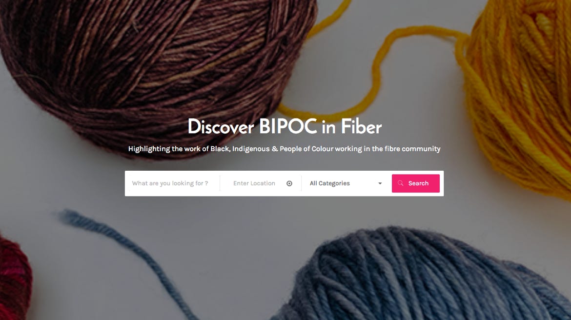 Home page of Bipoc in Fiber website. It has a search field on a background of 3 large balls of yarn in muted colours.